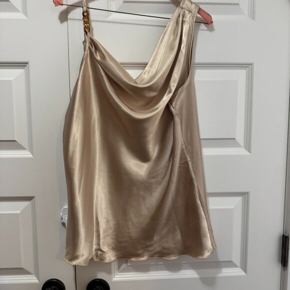 Champagne Satin Cowl Neck Top with Gold Chain Strap – Size XL - Picture 1 of 5